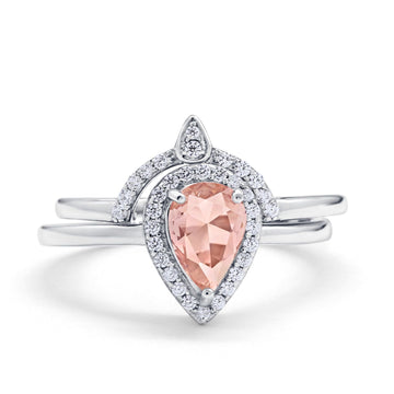 Two Piece Teardrop Engagement Ring Simulated Morganite CZ 925 Sterling Silver